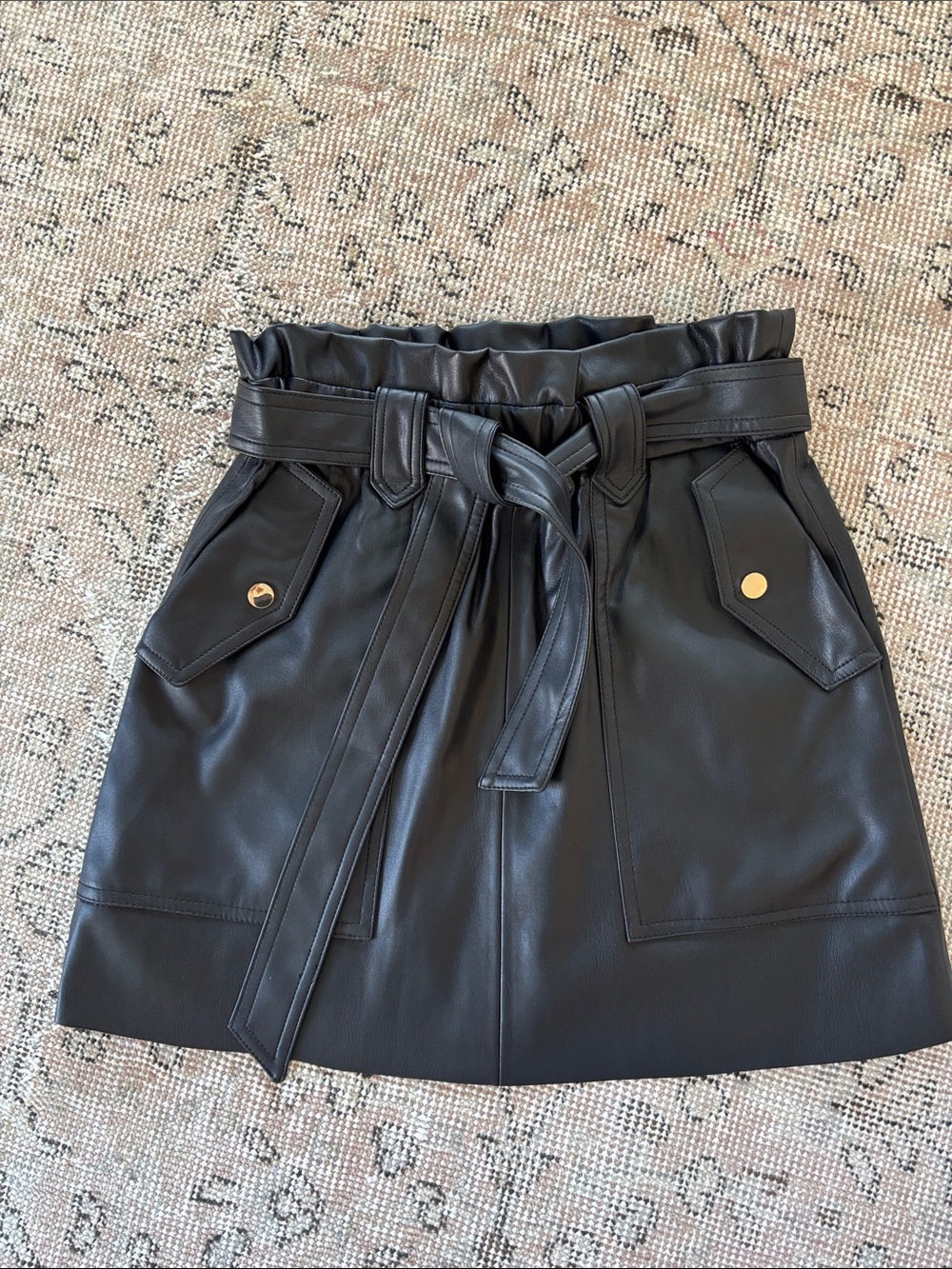 ZARA vegan leather pleather skirt black XS paperbag waist